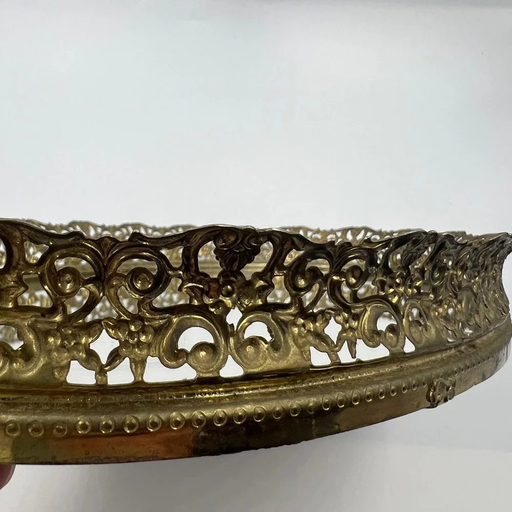Vintage Oval Mirrored Vanity Tray Gold Tone Ornate Filigree Frame 14 Inch Mirror